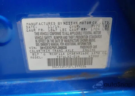 2015 Nissan Versa Note Sv из США, поврежденный, VIN 3N1CE2CP5FL399036